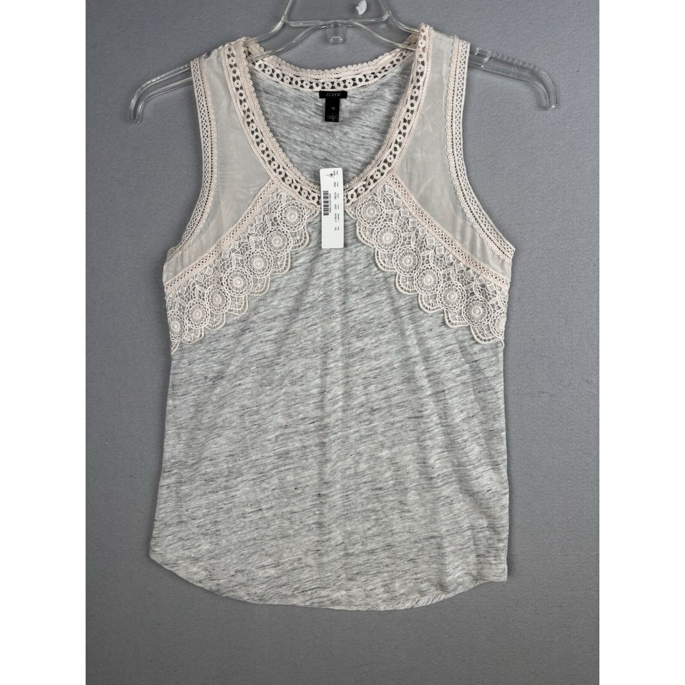 J. Crew Tank Top XS 100% Linen Cream Lace Trim Preppy Classic 3569